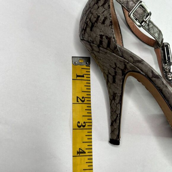 Vince Camuto Leather Snakeskin Open Toe Pumps Heels Buckle Grey Jeweled Womens - Picture 12 of 12